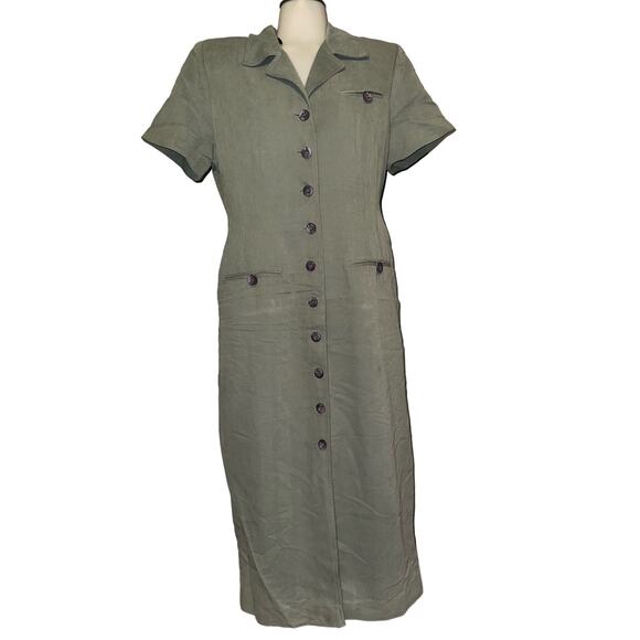 Jessica Howard Vintage Olive Green Button Front Form Fitting Size 12 Petite - Picture 1 of 5